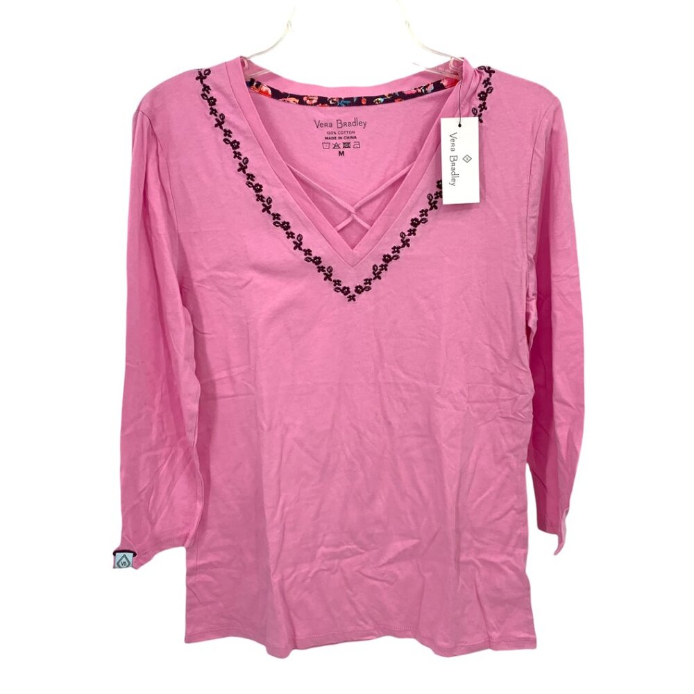 Vera Bradley Pink Embroidered Neckline V-Neck Sleep Shirt, M NWT